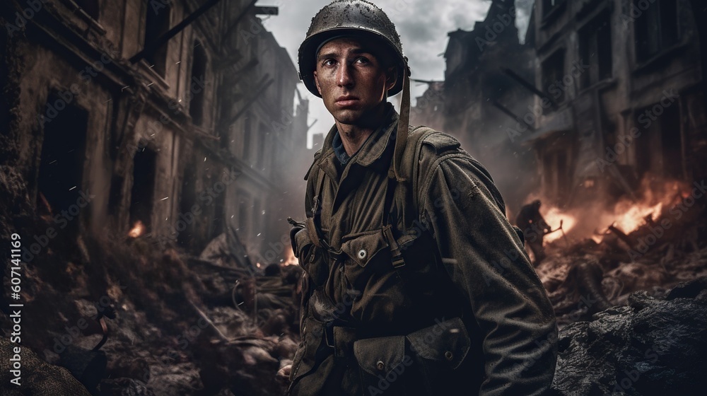 Epic dramatic portrait of WW2 soldier on battlefield. World War II. Generative AI