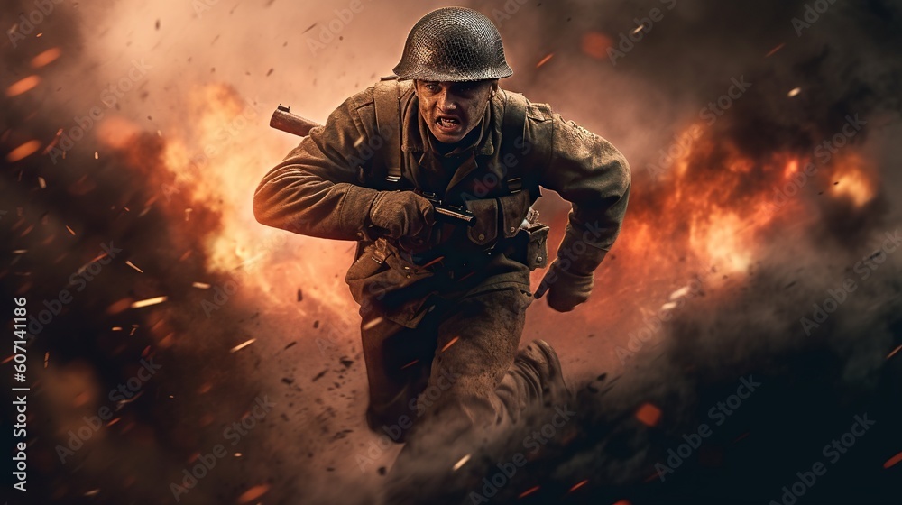 Portrait of ww2 soldier running on battlefield with explosions and fire. World War II. Generative AI Portrait of ww2 soldier running on battlefield with explosions and fire. World War II. Generative AI