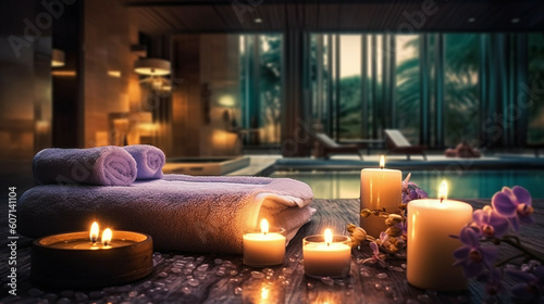 Spa massage setting with candles and towels in luxury spa resort.