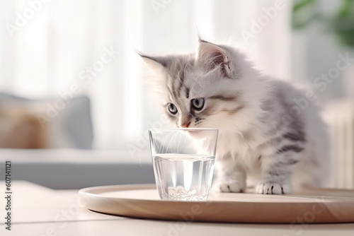 Cat drinks water from a glass bowl. The benefits of water. Pet health. Cute, fluffy and funny kitten. Healthy food and diet for pets. No people. Light modern interior, white kitchen. Ai generative