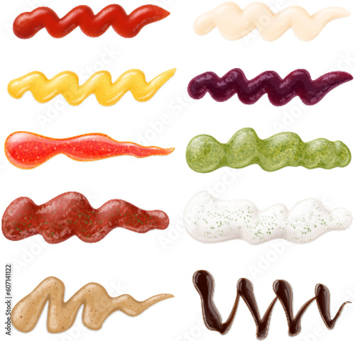 Realistic sauces strips, sauce stain collection. Food toppings, samples of ketchup, mustard mayonnaise and soy. Chili smeared pithy vector set