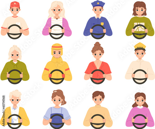 Young driver characters. Various people drive car, taxi and police. Drivers avatars, cartoon woman man ride auto. Isolated snugly vector transport set