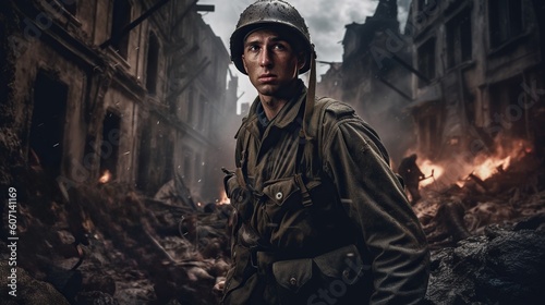 Epic dramatic portrait of WW2 soldier on battlefield. World War II. Generative AI