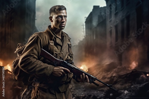 Epic dramatic portrait of WW2 soldier on battlefield. World War II. Generative AI