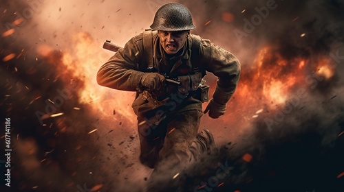 Portrait of ww2 soldier running on battlefield with explosions and fire. World War II. Generative AI