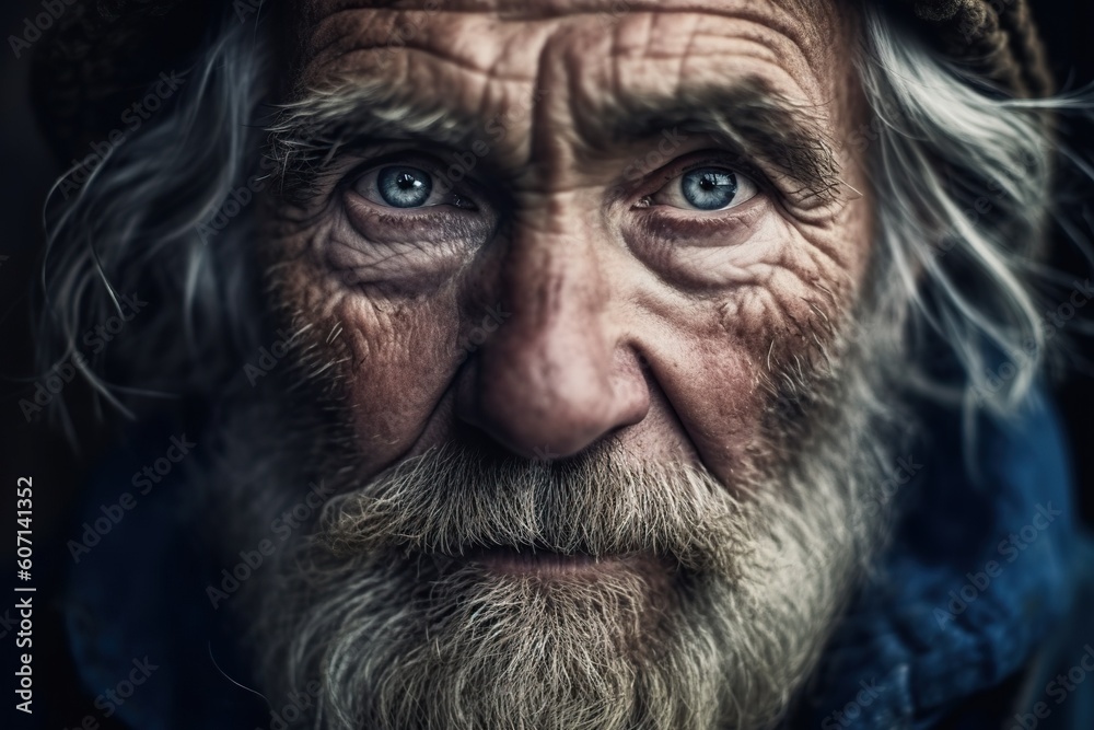 Close-up portrait of old homeless man with blue eyes. Generative AI Close-up portrait of old homeless man with blue eyes. Generative AI