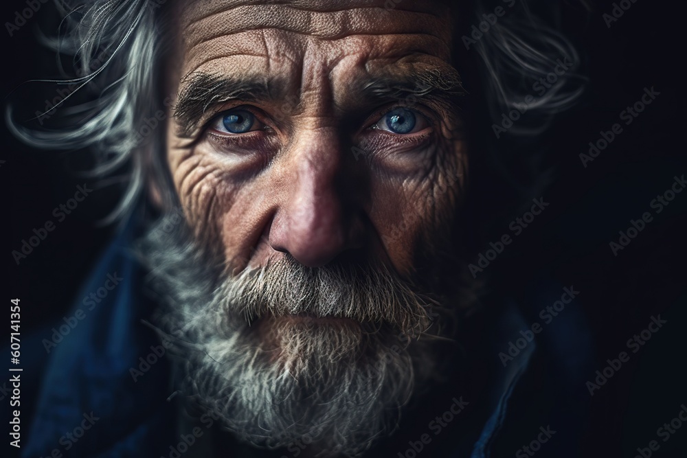 Close-up portrait of old homeless man with blue eyes. Generative AI