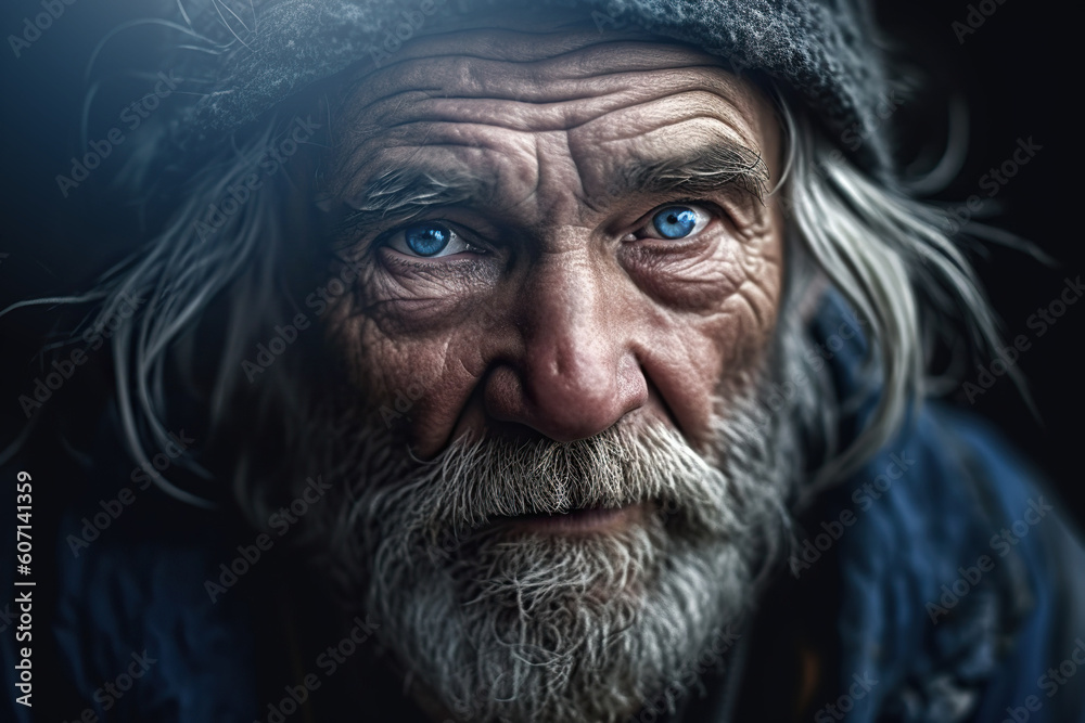Close-up portrait of old homeless man with blue eyes. Generative AI Close-up portrait of old homeless man with blue eyes. Generative AI