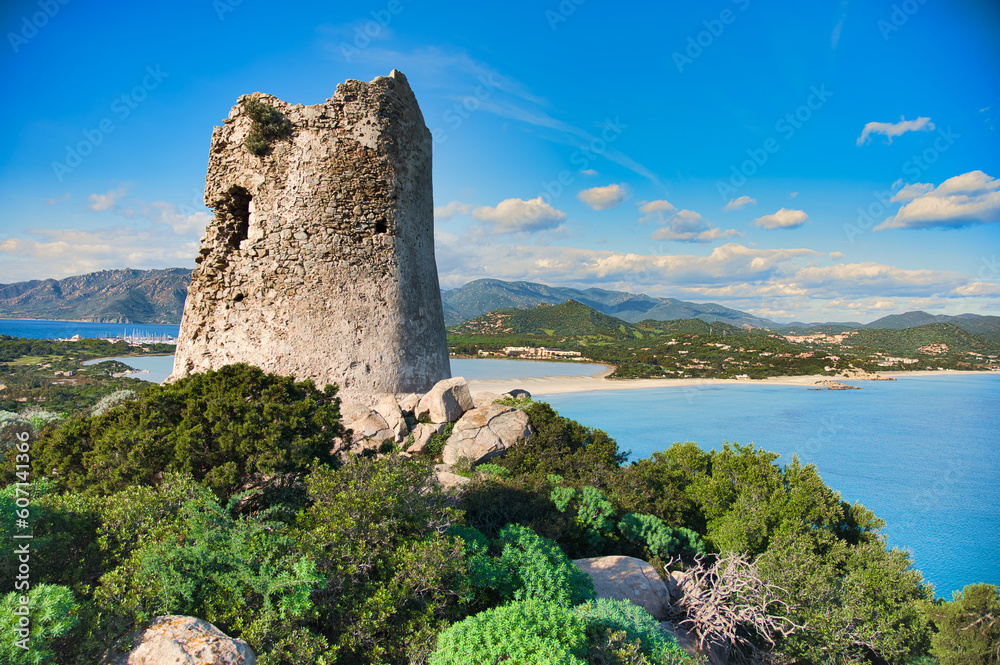 View of The Spanish watchtower of Porto Giunco, Villasimius, Sardinia, Italy