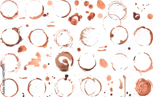 Isolated coffee tea stains on table surface. Cacao or cola drink circle stain, dirty abstract rings and drops. Grunge decorative neoteric vector elements