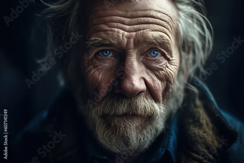 Close-up portrait of old homeless man with blue eyes. Generative AI © iridescentstreet