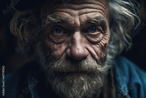 Close-up portrait of old homeless man with blue eyes. Generative AI © iridescentstreet