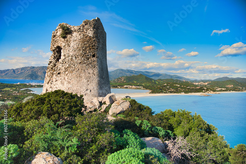 View of The Spanish watchtower of Porto Giunco  Villasimius  Sardinia  Italy