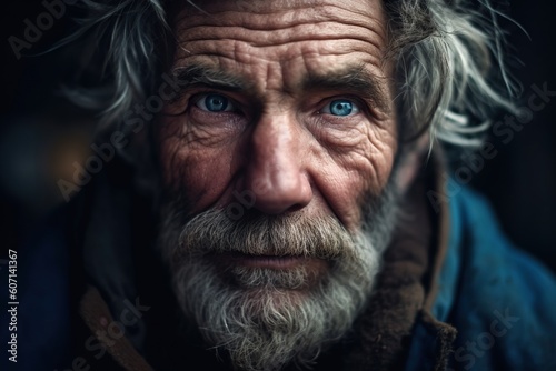 Close-up portrait of old homeless man with blue eyes. Generative AI