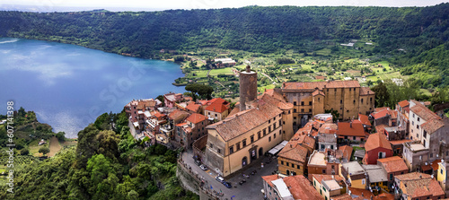 Fototapeta Naklejka Na Ścianę i Meble -   Most scenic lakes of Italy - volcanic Lago di Nemi , aerial drone view of Nemi village and volcano crater. popular touristic site near Rome