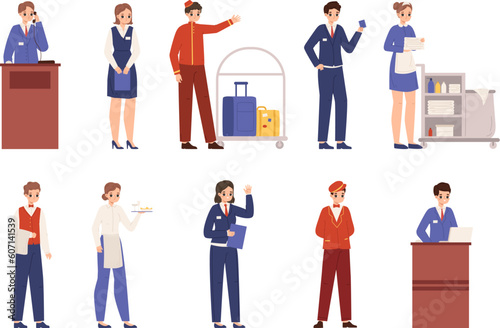 Hotel lobby workers, hospitality service. Hotels business, people in uniform. Reception, waiter and cleaner, professional staff snugly vector characters