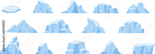 Cartoon icebergs, melting glacier and antarctic iceberg in ocean. Arctic snow mountains, ice polar rocks. Snugly north pole vector elements