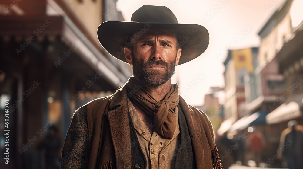 Portrait of cowboy, western movie scene in wild west town. Generative AI
