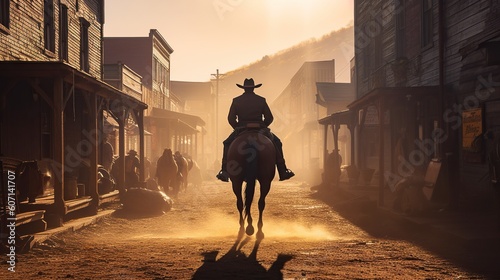 Fotografia Back view of cowboy riding on a horse, western movie scene in wild west town