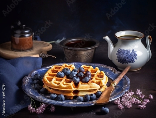 Belgian waffles with blueberries and honey. Homemade healthy breakfast. Generative AI