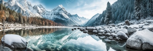A pristine turquoise lake nestled amidst towering snow-capped mountains, reflecting the breathtaking alpine scenery. Generative AI.