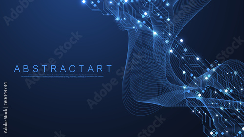 Quantum computer technologies concept. Futuristic blue circuit board background vector. Modern technology circuit board texture background design. Waves flow. Quantum explosion technology.