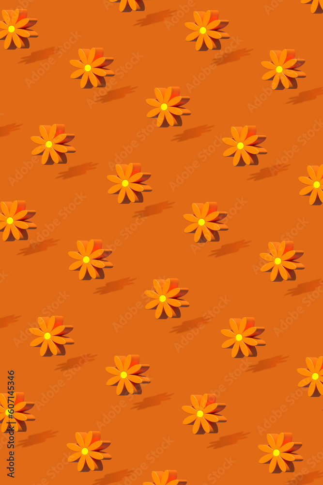 Orange flowers pattern. Minimal floral concept. 3d rendering Orange flowers pattern. Minimal floral concept. 3d rendering
