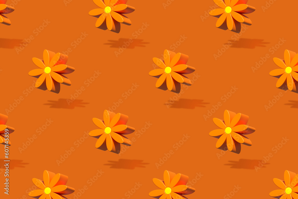 Orange flowers pattern. Minimal floral concept. 3d rendering Orange flowers pattern. Minimal floral concept. 3d rendering