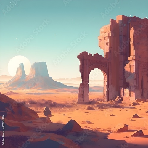 Ancient ruins in desert landscape, rpg, adventure, ruins, lofi. generative ai 