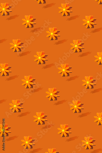 Orange flowers pattern. Minimal floral concept. 3d rendering
