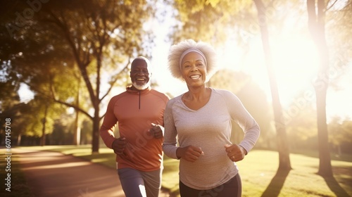 Old black couple morning jogging in park sunlight, smiling man and woman runs early morning on park walkway, healthy lifestyle concept, advanced age black couple active in sports, generative AI