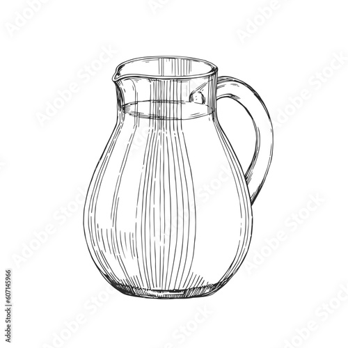Vector vintage illustration with a jug of milk in the style of engraving. Hand drawn sketch with drink isolated on white.