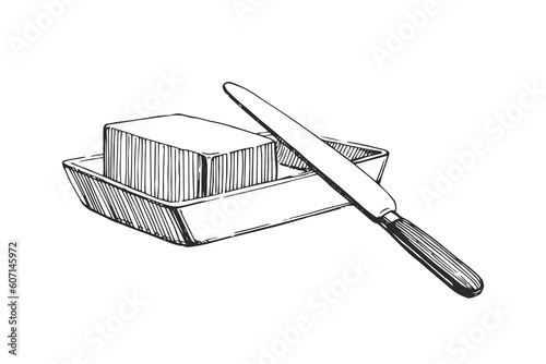 Vector hand-drawn illustration of full piece of butter on dish and knife isolated on white. Sketch of natural dairy product in engraving style.