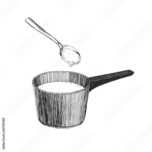Vector illustration with a saucepan and a spoon with thick white sauce, custard or cream. A hand-drawn vintage sketch with the cooking process in the style of an engraving.