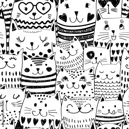 Abstract seamless pattern for little  girls with funny cats. Fashion print in modern style. 