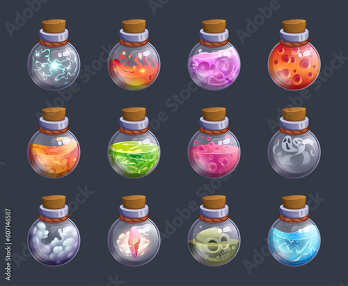 Fairytale poisons. Chemical alchemy colored bottles with liquid poison exact vector fantasy pictures set