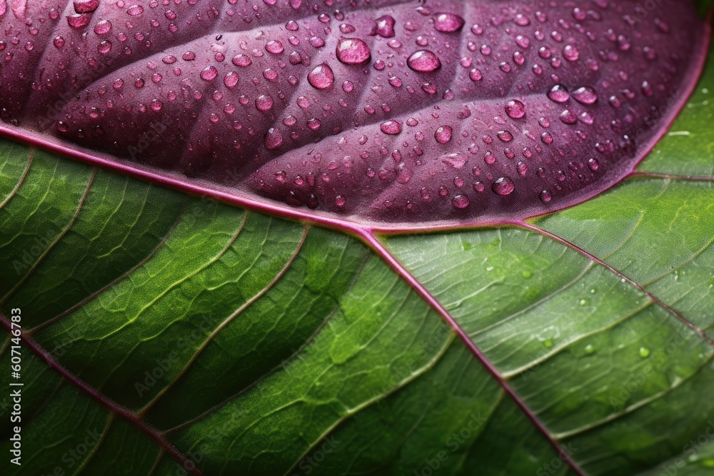 Fototapeta premium Texture of green leaves with dew droplets. Generative AI