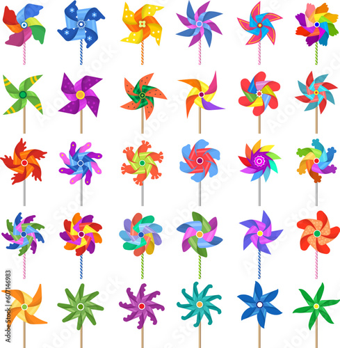 Pinwheel. Colored windmill toys attractions for kids recent vector rotating spinners recent vector cartoon set