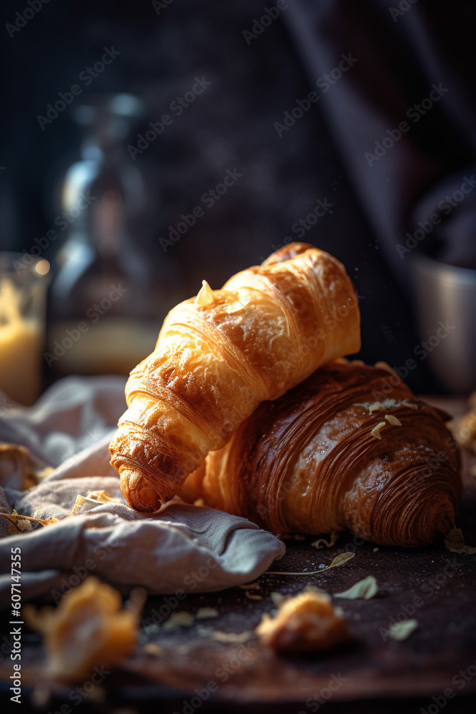 Breakfast croissant closeup in rustic composition at sunny morning light. Generative AI