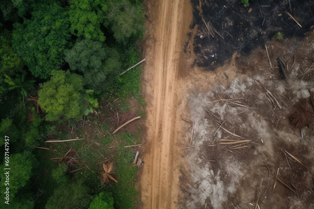 Deforestation concept, aerial drone view of damaged forest. Generative AI Deforestation concept, aerial drone view of damaged forest. Generative AI