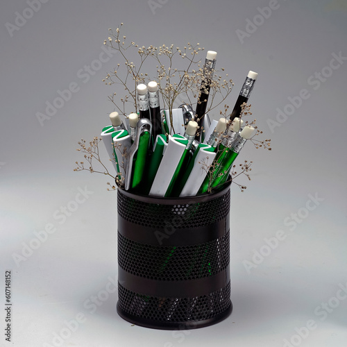 Office Essentials: Stylish Pen and Pencil Holder on Gray Background