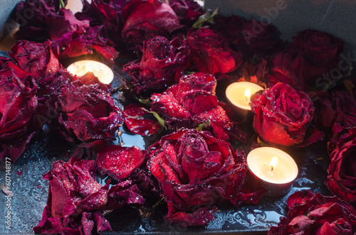 Crimson Beauty: Freshly Cut Red Roses, Delicate Petals Adorned with Glistening Dewdrops, Arranged on a Table with Flickering Candles