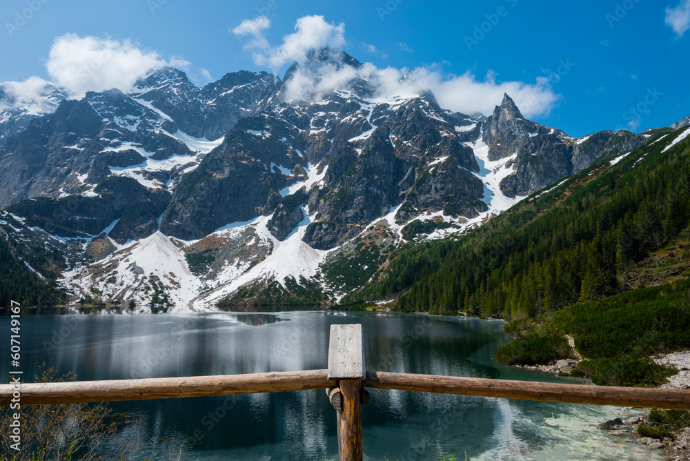 beautiful landscape view of Lake Morskie Oko in the mountains with clear water and reflection in Zakopane Poland in the Tatra National Park