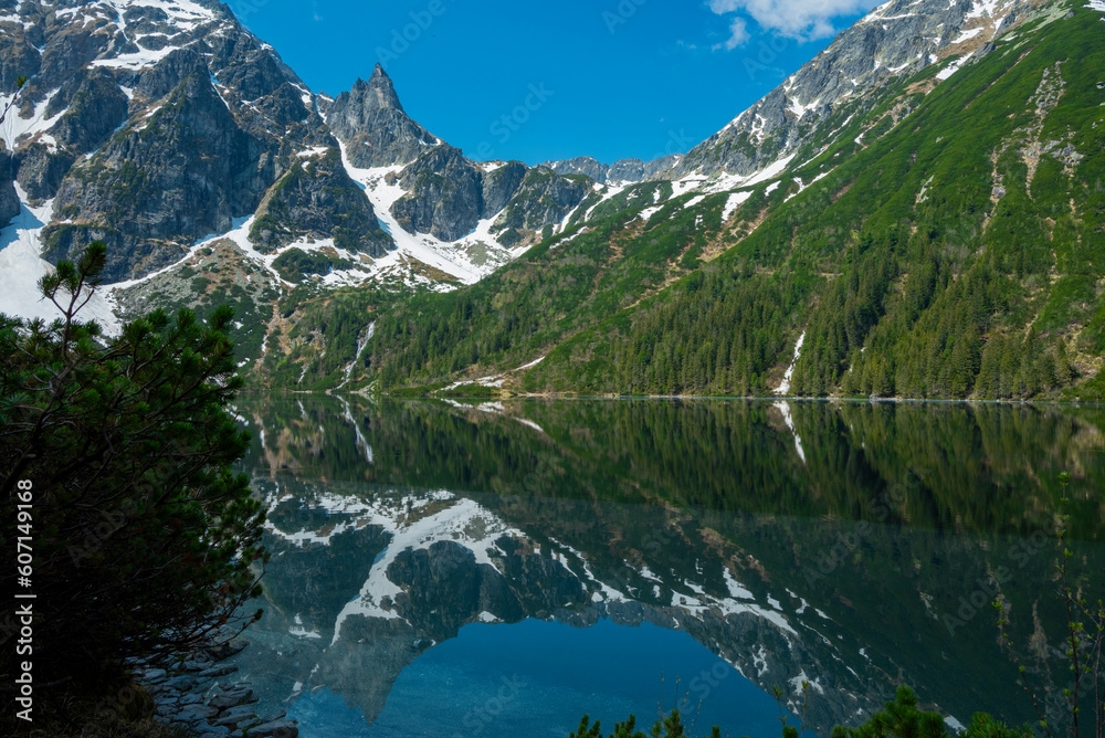 beautiful landscape view of Lake Morskie Oko in the mountains with clear water and reflection in Zakopane Poland in the Tatra National Park