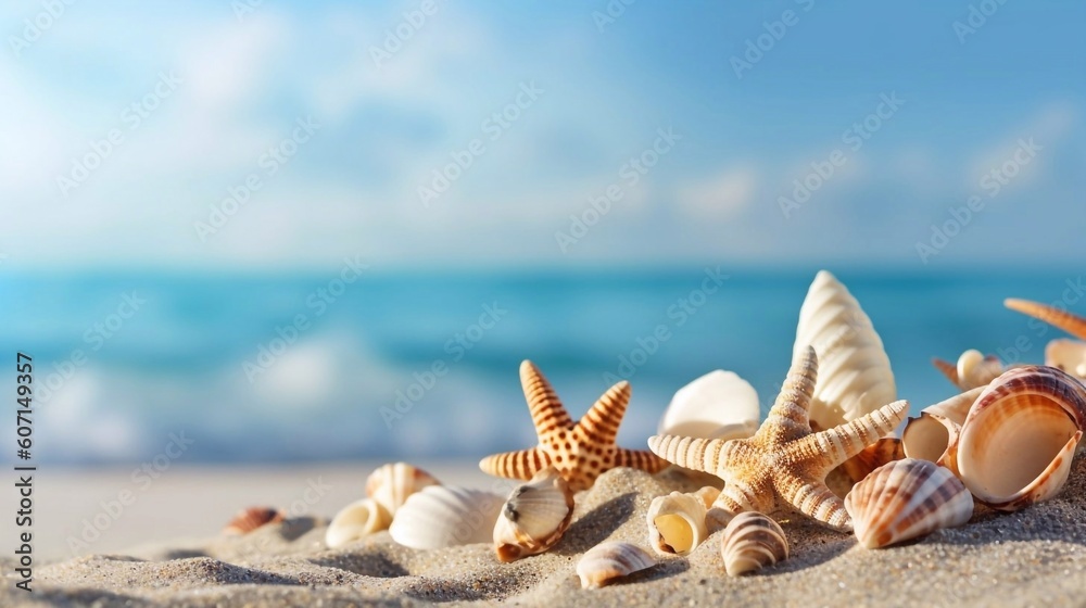 Tropical beach with sea star and seashells on sand , summer background. Conch shell on beach with waves. Copy space. Ai generative Tropical beach with sea star and seashells on sand , summer background. Conch shell on beach with waves. Copy space. Ai generative