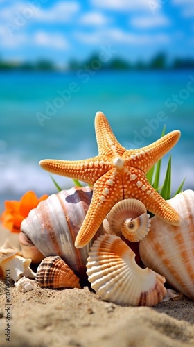 Tropical beach with sea star and seashells on sand , summer background. Conch shell on beach with waves. Copy space. Ai generative
