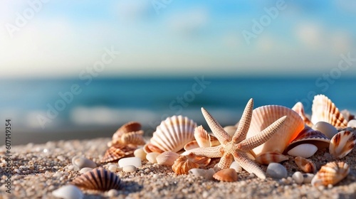 Tropical beach with sea star and seashells on sand , summer background. Conch shell on beach with waves. Copy space. Ai generative © tanchy25