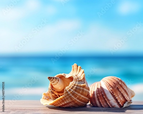 Tropical beach with two seashells on sand , summer background. Conch shell on beach with waves. Copy space. Ai generative photo