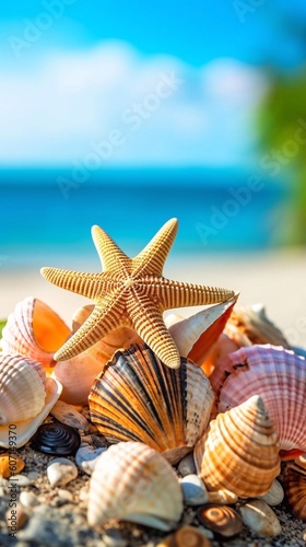 Tropical beach with sea star and seashells on sand , summer background. Conch shell on beach with waves. Copy space. Ai generative