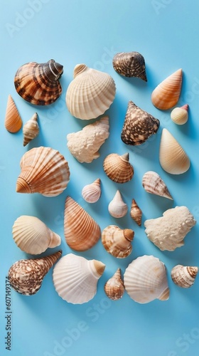 Assortment of Seashells on blue background with AI generation
